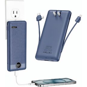 شاحن محمول VRURC كابلات مدمجة ومقبس حائط تيار متردد، بنك طاقة USB C 10000 مللي أمبير، بطارية سفر شاحن هاتف محمول حزمة بطارية خارجية مدمجة خفيفة الوزن للهواتف الذكية والأجهزة اللوحية وما إلى ذلك - أزرق داكن in Kuwait