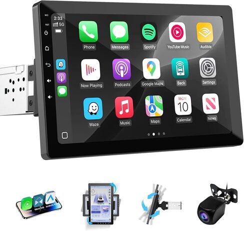Haudio Single DIN Car Stereo 10.1 Inch Rotating IPS Touchscreen, Wireless CarPlay and Android Auto, Android 13, 2GB+32GB, GPS, WiFi, Bluetooth, AM/FM RDS Radio, 720P AHD Backup Camera in Saudi Arabia