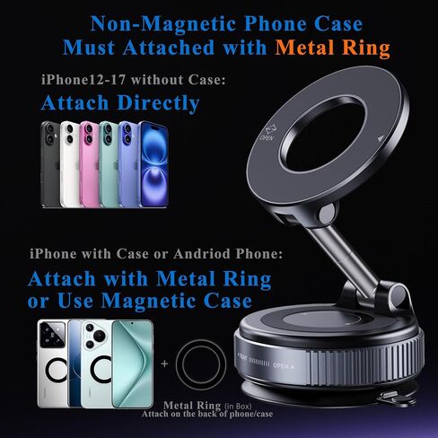 Magnetic Phone Holder for Car,Vacuum Suction Cup Phone Mount,Magsafe Car Mount for iPhone, No Need Charge,Folding Holder for iPhone and Android in Saudi Arabia