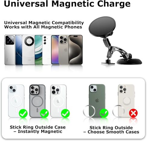 Dual Support for MagSafe Car Mount, Magnetic Phone Holder for Car with Vacuum, 360°Adjustable Metal Head &Extension Rod, Cell Phone Holders for Your Car for iPhone17/16/15/14/13/12, Android in Saudi Arabia