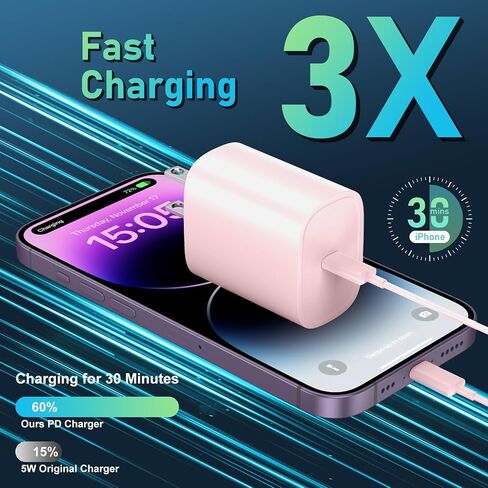 DiHines for iPhone 14 13 12 11 Fast Charger,10FT Long Fast Charging Lightning Cable with 20W USB C Charger Block for iPhone 14/14 Pro Max/13/13 Pro Max/12/12 Pro Max/11/11Pro/XS/Max/XR/X,iPad,Pink in Saudi Arabia