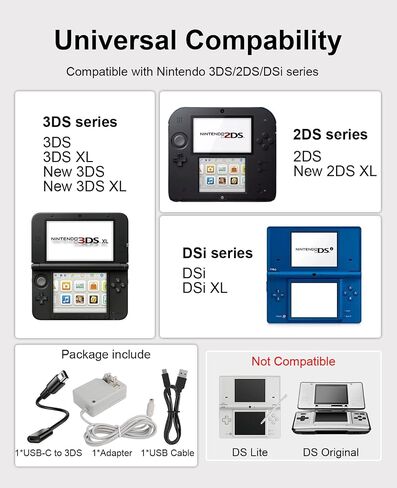 3DS Charger Set, USB-A & USB-C to 3DS/2DS/DSi Series Charging Cable Compatible with Nintendo 3DS/ DSi/DSi XL/ 2DS/ 2DS XL/New 3DS 100-240V Wall Plug Adapter in Saudi Arabia