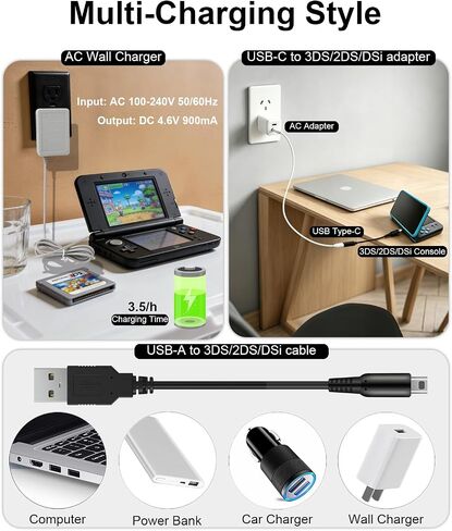 3DS Charger Set, USB-A & USB-C to 3DS/2DS/DSi Series Charging Cable Compatible with Nintendo 3DS/ DSi/DSi XL/ 2DS/ 2DS XL/New 3DS 100-240V Wall Plug Adapter in Saudi Arabia