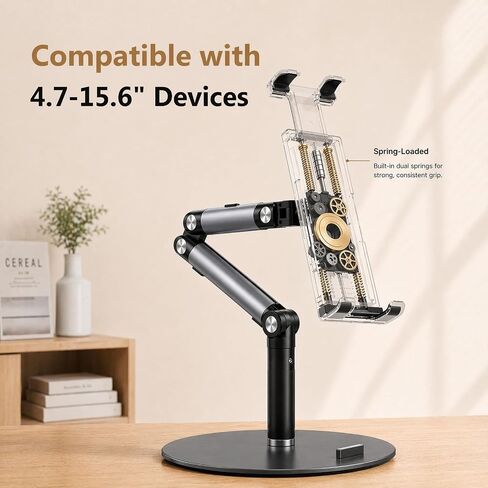 Tablet Stand for Phone with Clamp, 3-Section Arm 360° Adjustable Tablet Holder, Compatible with 4.7-15.6 Inch Devices, Grey and Black in Saudi Arabia