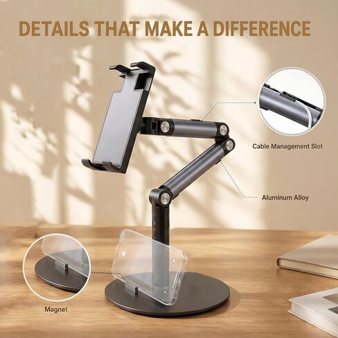 Tablet Stand for Phone with Clamp, 3-Section Arm 360° Adjustable Tablet Holder, Compatible with 4.7-15.6 Inch Devices, Grey and Black in Saudi Arabia