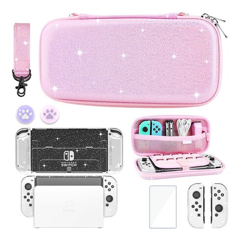 GLDRAM Pink Travel Case for Nintendo Switch OLED & Accessories, Portable Carrying Case with Clear Glitter Dockable Switch OLED Protective Skin Cover, Screen Protector, Shoulder Strap & 2 Thumb Caps in Saudi Arabia