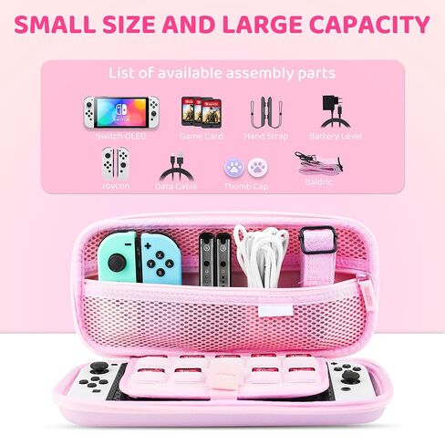 GLDRAM Pink Travel Case for Nintendo Switch OLED & Accessories, Portable Carrying Case with Clear Glitter Dockable Switch OLED Protective Skin Cover, Screen Protector, Shoulder Strap & 2 Thumb Caps in Saudi Arabia