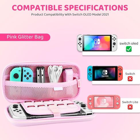 GLDRAM Pink Travel Case for Nintendo Switch OLED & Accessories, Portable Carrying Case with Clear Glitter Dockable Switch OLED Protective Skin Cover, Screen Protector, Shoulder Strap & 2 Thumb Caps in Saudi Arabia