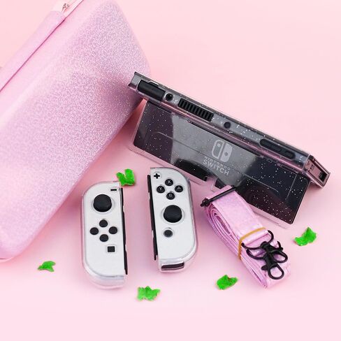 GLDRAM Pink Travel Case for Nintendo Switch OLED & Accessories, Portable Carrying Case with Clear Glitter Dockable Switch OLED Protective Skin Cover, Screen Protector, Shoulder Strap & 2 Thumb Caps in Saudi Arabia