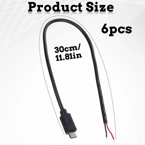 6 PCS Micro USB Pigtail 2 Wire Power Cable, Micro USB Pigtail Cable — 12inch/30cm, 5V 3A, 22AWG, 2 Wires Power Pigtails Cables Cord DIY Black, 1 Feet in Saudi Arabia