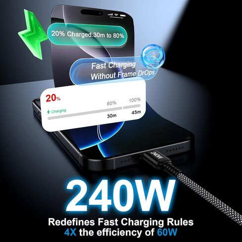 USB C to USB C Cable, [3-Pack, 10FT] 240W Fast Charging Type C Charger Cord in Kuwait