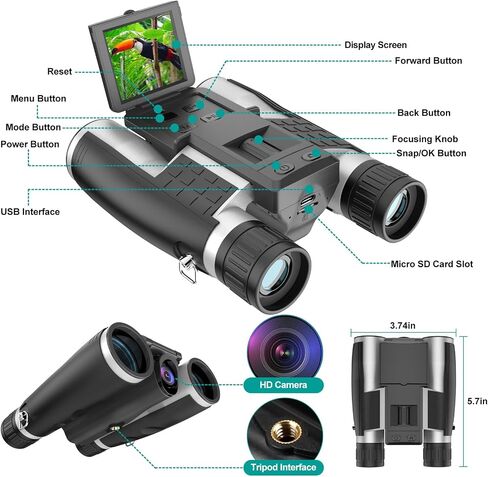 ZZSTAR 12x32 Binoculars for Adults, Large View, Portable High Powered Binoculars with Camera, FMC & BAK4 Prism Lens, 2" LCD Display 5MP 1080P Video Photo Recorder for Bird Watching Sport, Silver in Saudi Arabia