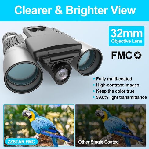 ZZSTAR 12x32 Binoculars for Adults, Binoculars with Camera, 2" LTPS Display 5MP 1080P Video Photo Recorder for Bird Watching Travel Hunting, with 32GB Micro SD Card, Silvery in Saudi Arabia