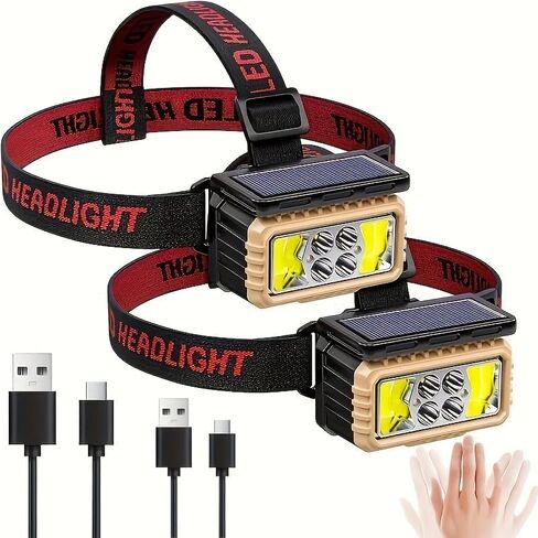 2 Pack LED Rechargeable Headlamp, Super Bright Headlamp with Motion Sensor, USB/Solar Charging, 6 Modes with Red Light Waterproof Head lamp for Outdoors, Camping, Hiking, and Emergencies in Kuwait