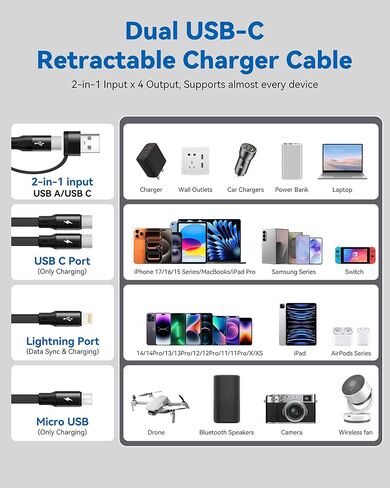 Dual USB-C Multi Charging Cable,6 in 1 Retractable Charger Cable[2Pack 4Ft] in Kuwait