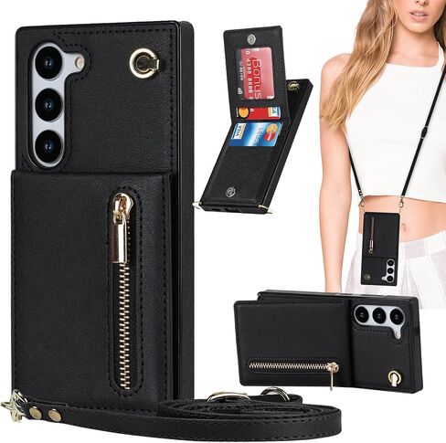 Crossbody Wallet Case for Samsung Galaxy S23 with Card Holder, Removable Shoulder Lanyard Strap Purse Cover for Samsung Galaxy S23 Zipper Phone Case Black in Saudi Arabia