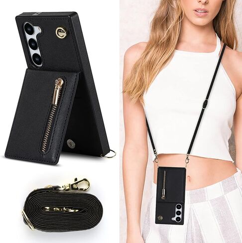 Crossbody Wallet Case for Samsung Galaxy S23 with Card Holder, Removable Shoulder Lanyard Strap Purse Cover for Samsung Galaxy S23 Zipper Phone Case Black in Saudi Arabia