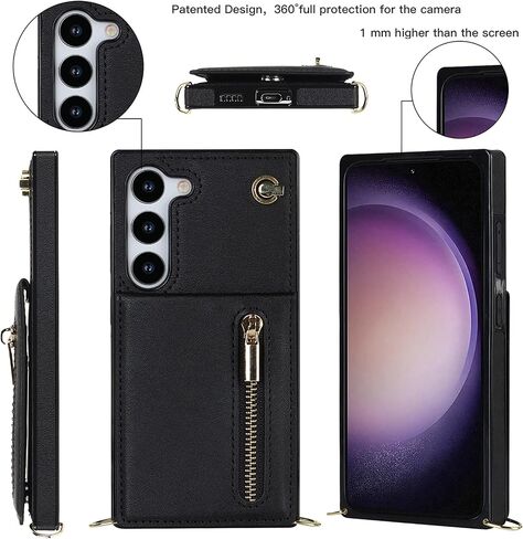 Crossbody Wallet Case for Samsung Galaxy S23 with Card Holder, Removable Shoulder Lanyard Strap Purse Cover for Samsung Galaxy S23 Zipper Phone Case Black in Saudi Arabia
