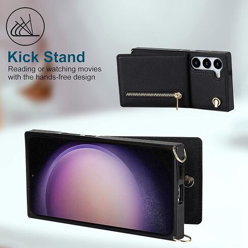 Crossbody Wallet Case for Samsung Galaxy S23 with Card Holder, Removable Shoulder Lanyard Strap Purse Cover for Samsung Galaxy S23 Zipper Phone Case Black in Saudi Arabia