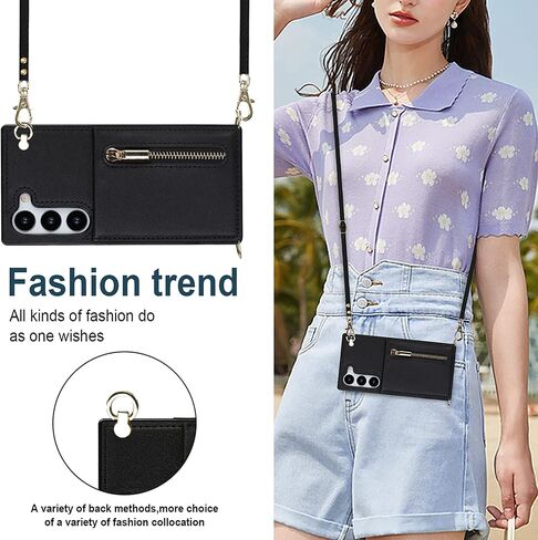 Crossbody Wallet Case for Samsung Galaxy S23 with Card Holder, Removable Shoulder Lanyard Strap Purse Cover for Samsung Galaxy S23 Zipper Phone Case Black in Saudi Arabia