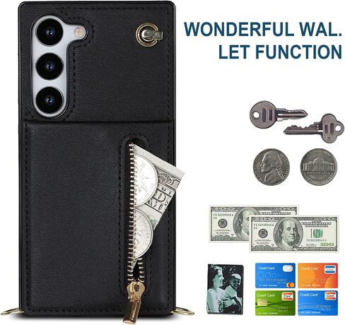Crossbody Wallet Case for Samsung Galaxy S23 with Card Holder, Removable Shoulder Lanyard Strap Purse Cover for Samsung Galaxy S23 Zipper Phone Case Black in Saudi Arabia