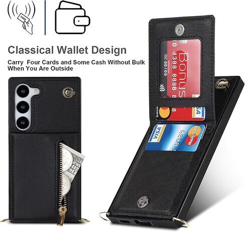 Crossbody Wallet Case for Samsung Galaxy S23 with Card Holder, Removable Shoulder Lanyard Strap Purse Cover for Samsung Galaxy S23 Zipper Phone Case Black in Saudi Arabia