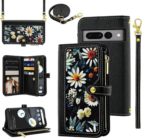 Floral Wallet Case for Google Pixel 6 Flip Zipper Purse Women Black in Kuwait