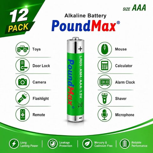 PoundMax AAA Long Lasting Alkaline Batteries, 12 Pack, 1.5 Volt, High-Performance Alkaline Batteries, Long Lasting Power for Household Devices, Office Electronics, Toys, Flashlights & More in Saudi Arabia