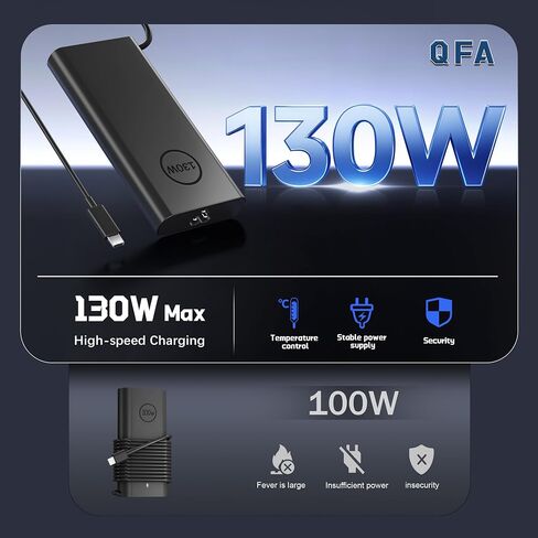 QFA 130W USB C شاحن الكمبيوتر المحمول بديل لـ Dell Latitude 7410 7310 7210 9410 9510 9575 5420 5520 5510 الدقة 5570 5560 5550 5530 5760 5750 XPS 15 9520 9530 9720 9730 سلك التيار المتردد 2 في 1 in Kuwait
