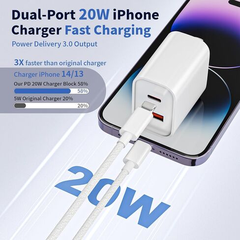 10FT iPhone Lightning Cable[Apple MFi Certified]2Pack 20W Apple Lightning Charger Dual Port USBA+C Charge Block with 10FT iPhone Fast Charging Woven Cable Cord for iPhone14/13/12/11/XS/XR/X/8/7/SE2022 in Saudi Arabia