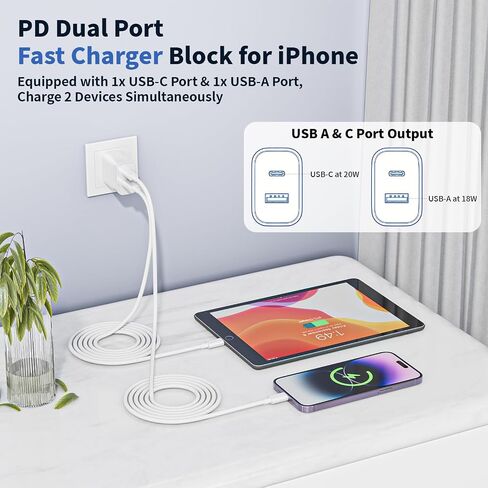 10FT iPhone Lightning Cable[Apple MFi Certified]2Pack 20W Apple Lightning Charger Dual Port USBA+C Charge Block with 10FT iPhone Fast Charging Woven Cable Cord for iPhone14/13/12/11/XS/XR/X/8/7/SE2022 in Saudi Arabia