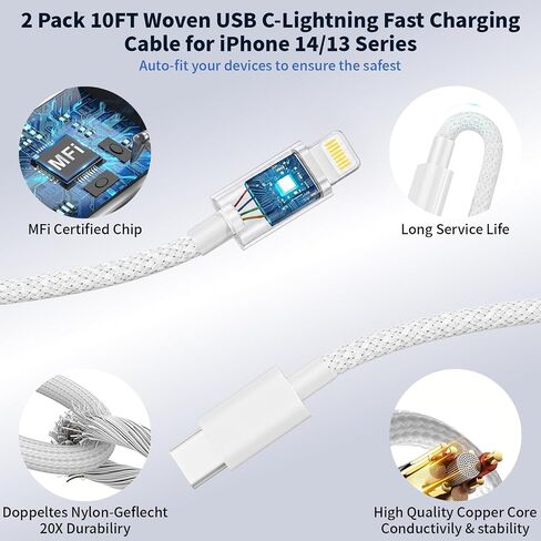 10FT iPhone Lightning Cable[Apple MFi Certified]2Pack 20W Apple Lightning Charger Dual Port USBA+C Charge Block with 10FT iPhone Fast Charging Woven Cable Cord for iPhone14/13/12/11/XS/XR/X/8/7/SE2022 in Saudi Arabia