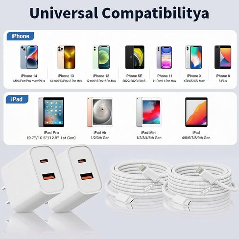 10FT iPhone Lightning Cable[Apple MFi Certified]2Pack 20W Apple Lightning Charger Dual Port USBA+C Charge Block with 10FT iPhone Fast Charging Woven Cable Cord for iPhone14/13/12/11/XS/XR/X/8/7/SE2022 in Saudi Arabia