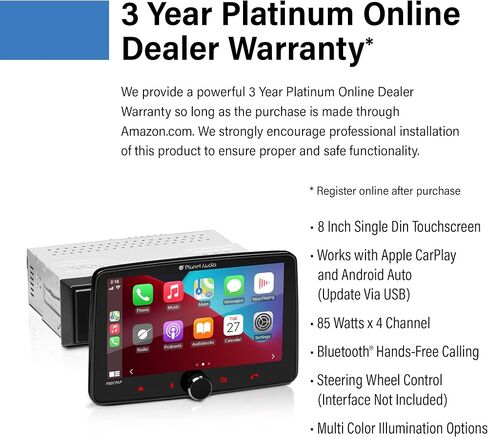 Planet Audio P80CPAP Car Stereo - Apple CarPlay, Android Auto - Single Din, 8 Inch Touchscreen, Bluetooth, No CD DVD Player, AM/FM Radio Receiver, USB in Kuwait