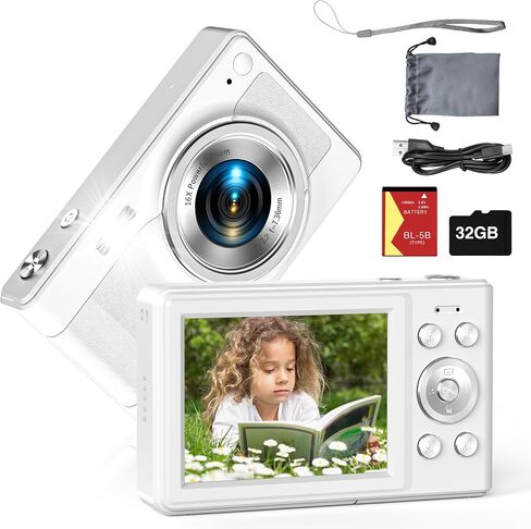 Upgrade Kids Digital Camera - 56MP FHD 1080P with 16x Zoom, Anti-Shake, 32GB TF Card, Two Batteries, Lanyard (White) in Saudi Arabia