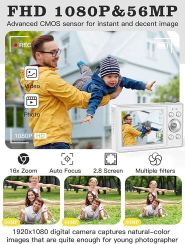 Upgrade Kids Digital Camera - 56MP FHD 1080P with 16x Zoom, Anti-Shake, 32GB TF Card, Two Batteries, Lanyard (White) in Saudi Arabia