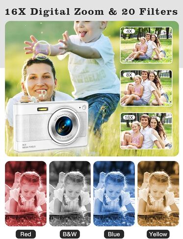 Upgrade Kids Digital Camera - 56MP FHD 1080P with 16x Zoom, Anti-Shake, 32GB TF Card, Two Batteries, Lanyard (White) in Saudi Arabia