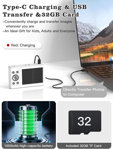 Upgrade Kids Digital Camera - 56MP FHD 1080P with 16x Zoom, Anti-Shake, 32GB TF Card, Two Batteries, Lanyard (White) in Saudi Arabia