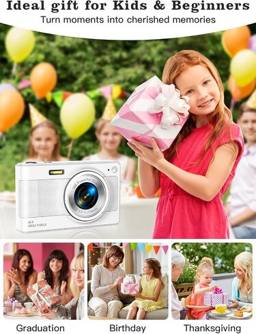 Upgrade Kids Digital Camera - 56MP FHD 1080P with 16x Zoom, Anti-Shake, 32GB TF Card, Two Batteries, Lanyard (White) in Saudi Arabia