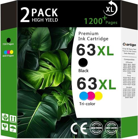 63XL High Yield Ink Cartridges Combo Pack Compatible for HP 63XL 63 Replacement for HP Envy 4510 4511 4512 OfficeJet 3830 3831 3832 Deskjet 1110 1111 2130 Series Printers(1 Black/1 Tri-Color 2-Pack) in Saudi Arabia