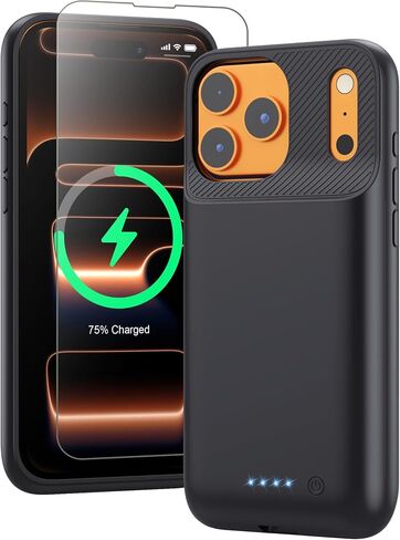 حافظة بطارية لهاتف iPhone 17 Pro، حافظة شحن محمولة مطورة بقدرة 7500 مللي أمبير في الساعة، حزمة بطارية قوية ممتدة وخفيفة الوزن للغاية لهاتف iPhone 17 Pro (6.3 بوصة) - أسود in Kuwait