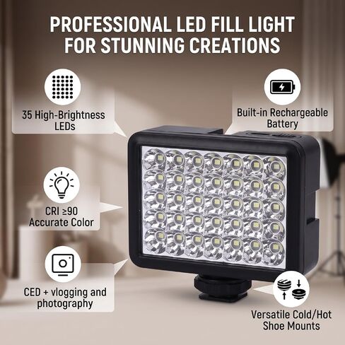 ضوء ملء كاميرا LED، 35 ضوء فيديو LED 6000K-7000K سطوع عالي مع 7 وات 840LM 120 لكاميرا DSLR التصوير الفوتوغرافي ومدونات الفيديو البث المباشر in Kuwait