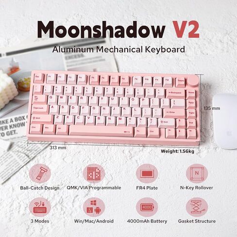 Kiiboom Moonshadow V2 75 ٪ لوحة مفاتيح ألعاب ألمنيوم اللاسلكية ، QMK وعبر لوحة مفاتيح ميكانيكية قابلة للبرمجة ، BT5.0/2.4GHz/USB-C لوحة مفاتيح دسم ساخنة مع FR4 ، Knob ، بطارية 4000 مللي أمبير (Silver) in Kuwait