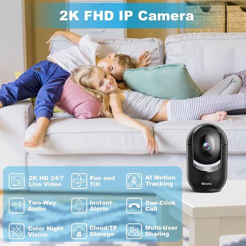 كاميرا أمان Cloarks 2K Pan/Tilt، كاميرات داخلية WiFi لأمن المنزل مع كشف الحركة بالذكاء الاصطناعي، كاميرا للحيوانات الأليفة/الكلب/الأطفال مع تطبيق الهاتف، صوت ثنائي الاتجاه، 24/7، صفارة إنذار، تخزين TF/سحابي، أسود in Kuwait