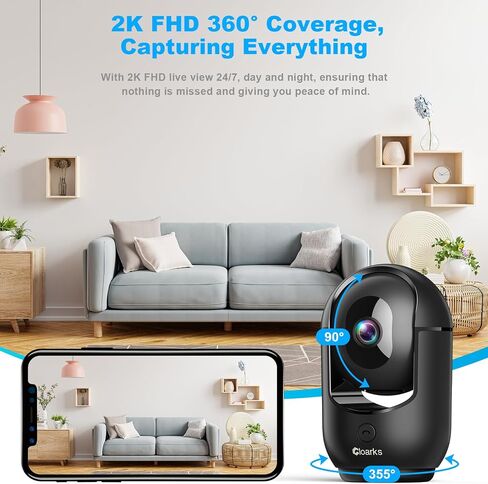 كاميرا أمان Cloarks 2K Pan/Tilt، كاميرات داخلية WiFi لأمن المنزل مع كشف الحركة بالذكاء الاصطناعي، كاميرا للحيوانات الأليفة/الكلب/الأطفال مع تطبيق الهاتف، صوت ثنائي الاتجاه، 24/7، صفارة إنذار، تخزين TF/سحابي، أسود in Kuwait