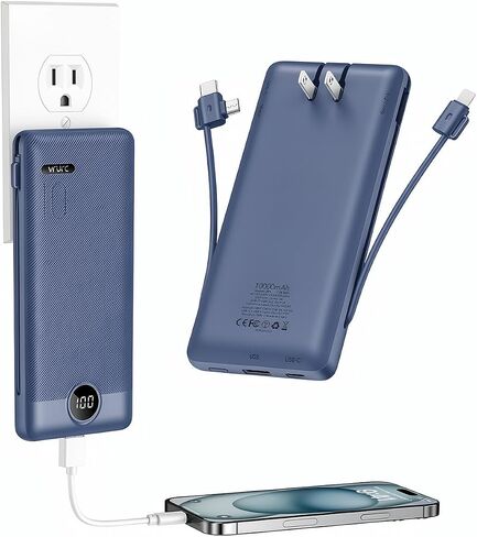 شاحن محمول VRURC كابلات مدمجة ومقبس حائط تيار متردد، بنك طاقة USB C 10000 مللي أمبير، بطارية سفر شاحن هاتف محمول حزمة بطارية خارجية مدمجة خفيفة الوزن للهواتف الذكية والأجهزة اللوحية وما إلى ذلك - أزرق داكن in Kuwait