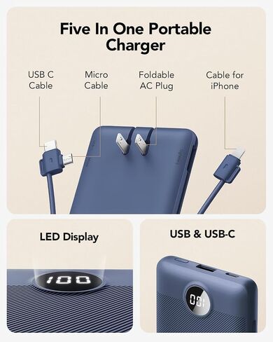 شاحن محمول VRURC كابلات مدمجة ومقبس حائط تيار متردد، بنك طاقة USB C 10000 مللي أمبير، بطارية سفر شاحن هاتف محمول حزمة بطارية خارجية مدمجة خفيفة الوزن للهواتف الذكية والأجهزة اللوحية وما إلى ذلك - أزرق داكن in Kuwait