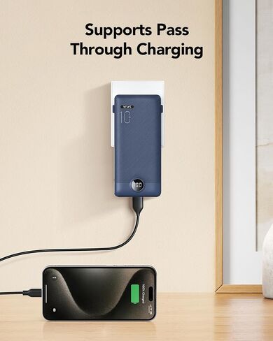 شاحن محمول VRURC كابلات مدمجة ومقبس حائط تيار متردد، بنك طاقة USB C 10000 مللي أمبير، بطارية سفر شاحن هاتف محمول حزمة بطارية خارجية مدمجة خفيفة الوزن للهواتف الذكية والأجهزة اللوحية وما إلى ذلك - أزرق داكن in Kuwait