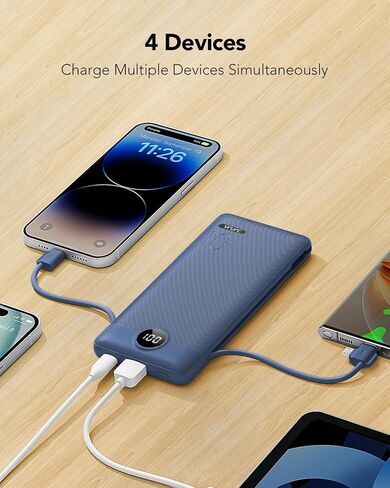 شاحن محمول VRURC كابلات مدمجة ومقبس حائط تيار متردد، بنك طاقة USB C 10000 مللي أمبير، بطارية سفر شاحن هاتف محمول حزمة بطارية خارجية مدمجة خفيفة الوزن للهواتف الذكية والأجهزة اللوحية وما إلى ذلك - أزرق داكن in Kuwait