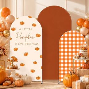 FYSUIMU 3 Pcs Fall Arch Backdrop Covers A Little Pumpkin is on the Way Baby Shower Decorations Orange Plaid Stretchy Spandex Arch Stand Fabric Cover for Autumn Gender Reveal Birthday (4ft/5ft/6ft) in Kuwait
